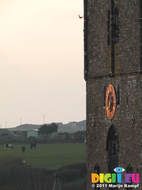 SX17408 Last rays of sun on clock of St David's Cathedral